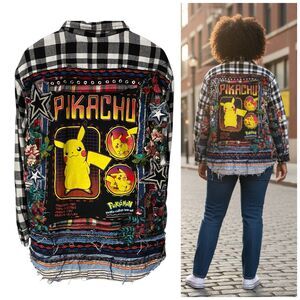 Upcycled Flannel Jacket Shacket Womens 3X Pikachu Embroidered Festival OOAK